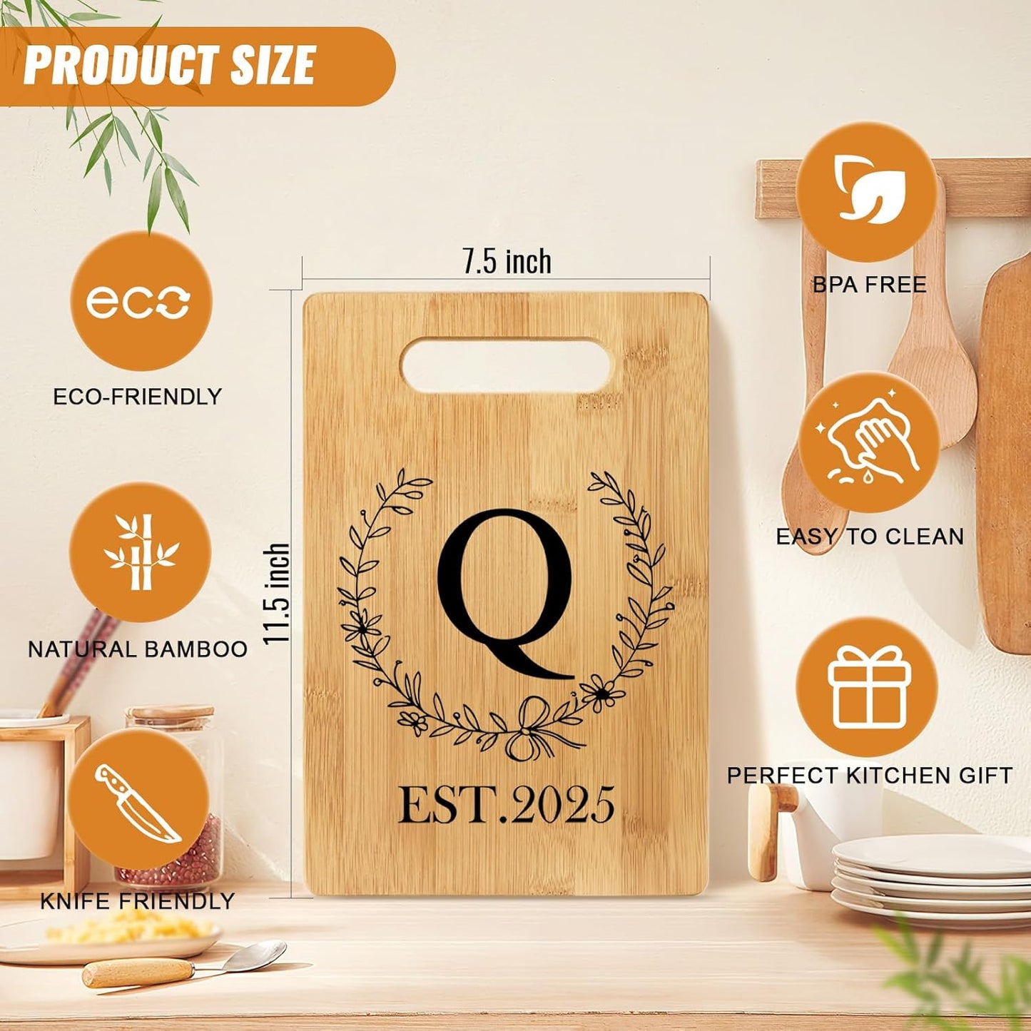 Personalized Cutting Board, Monogrammed Wedding Gift for Couple Newlywed 2025, Initial Birthday Gifts for Women, Gift for Bridal Shower Wedding Shower Engagement Anniversary Housewarming(Letter-Q)