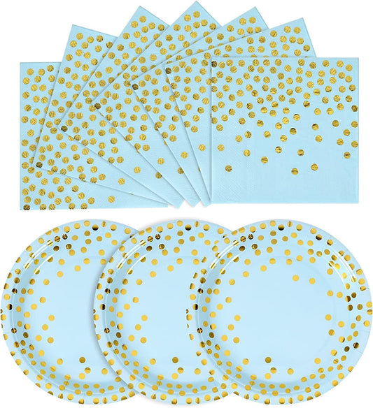 Blue and Gold Paper Plates and Napkins Set -100 x 7'' Dessert plates & 100 x 6.5'' Napkins,Blue Paper Plates for Appetizers,Cakes and Salads,for Birthday,Wedding,Baby Showers,Anniversary(200 PCS)
