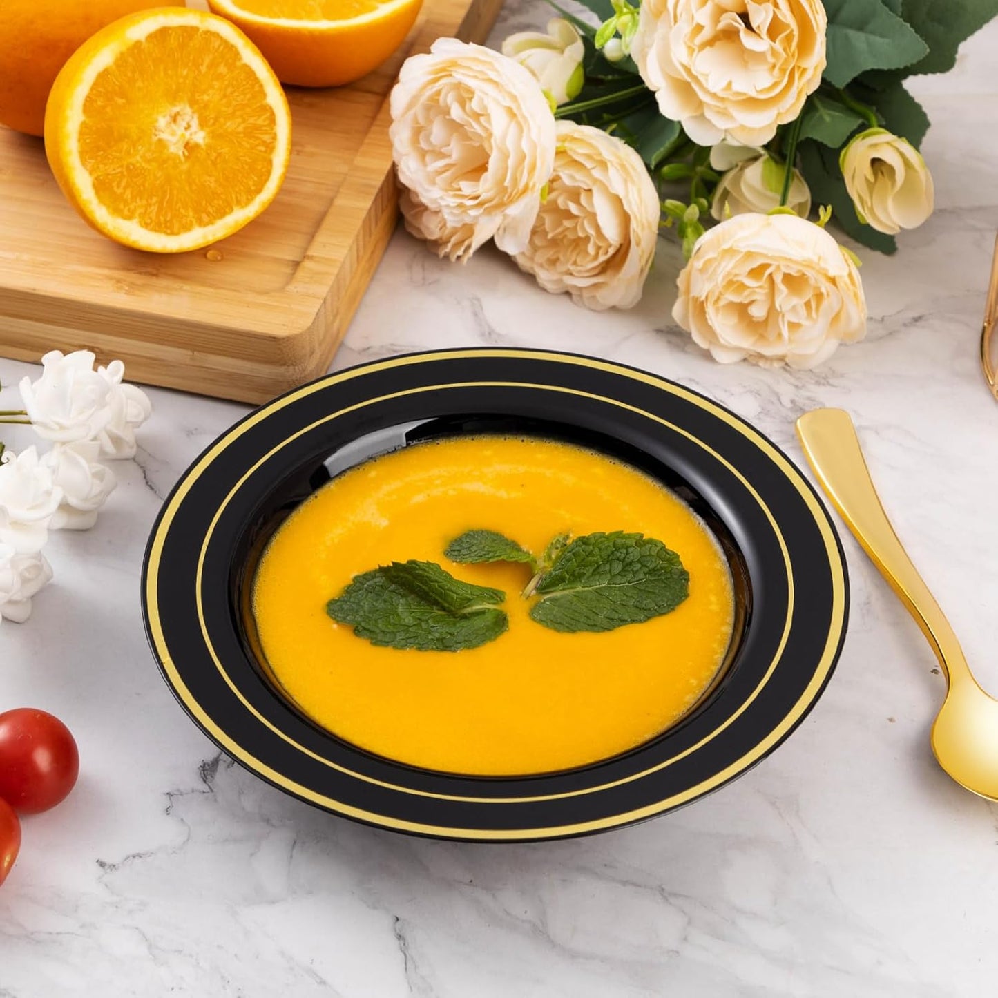 Goodluck 100 Pack Black Plastic Bowls with Gold Rim, 12oz Disposable Soup Bowls, Heavy Duty Dessert Bowls for Weddings, Parties, Dinners, Catering, and New Year