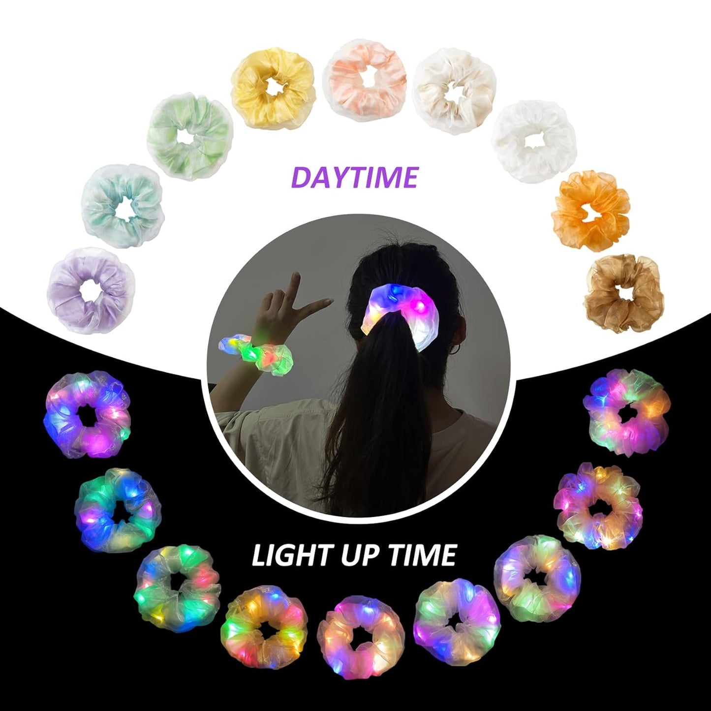 Light Up Scrunchies, Double-layer LED Scrunchy Colorful Hair Ties Glow in the Dark Party Supplies Glow Sticks Halloween Party Favor Festival Rave Accessories for Girls & Women Neon Party