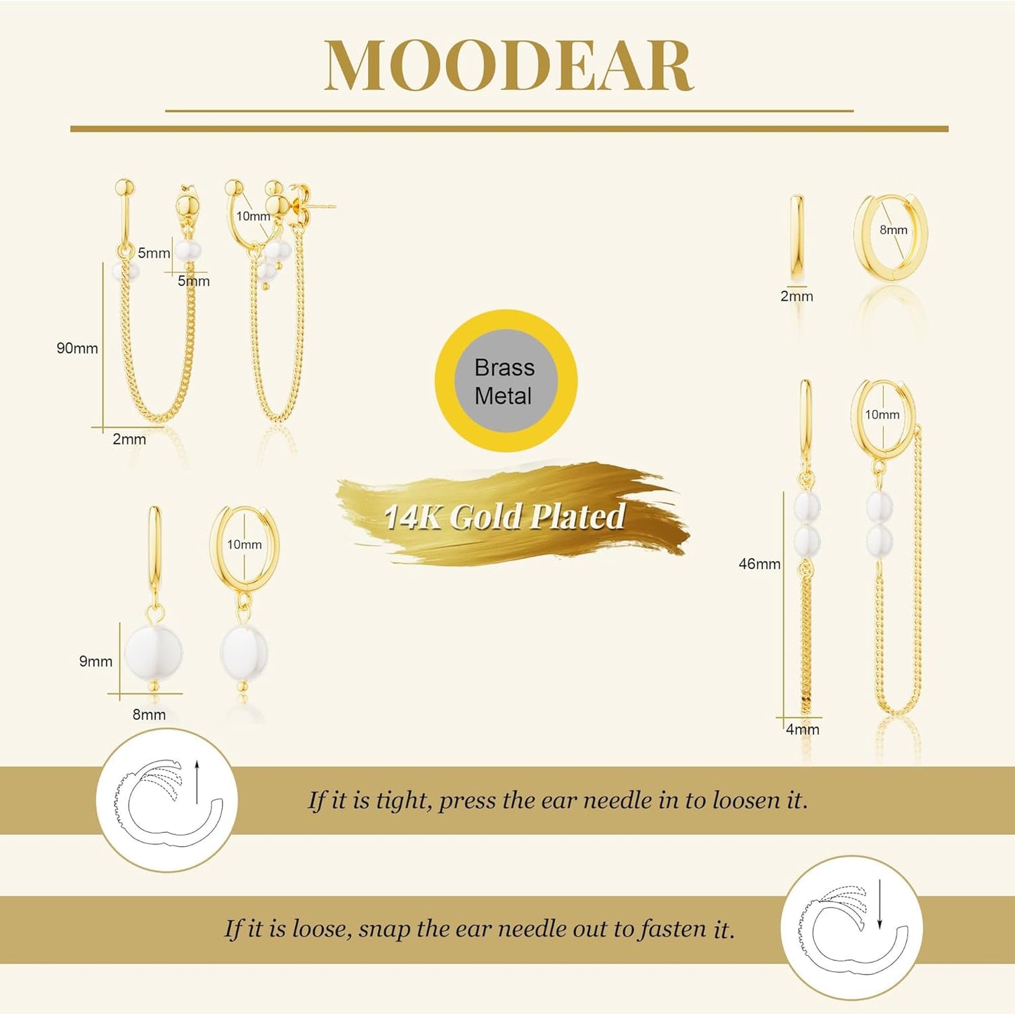 Moodear Gold Earrings for Women No Tarnish - Trendy 14K Gold Plated Pearl Hoop Studs Chain Earrings Stacks for Women Wedding Jewelry Gift