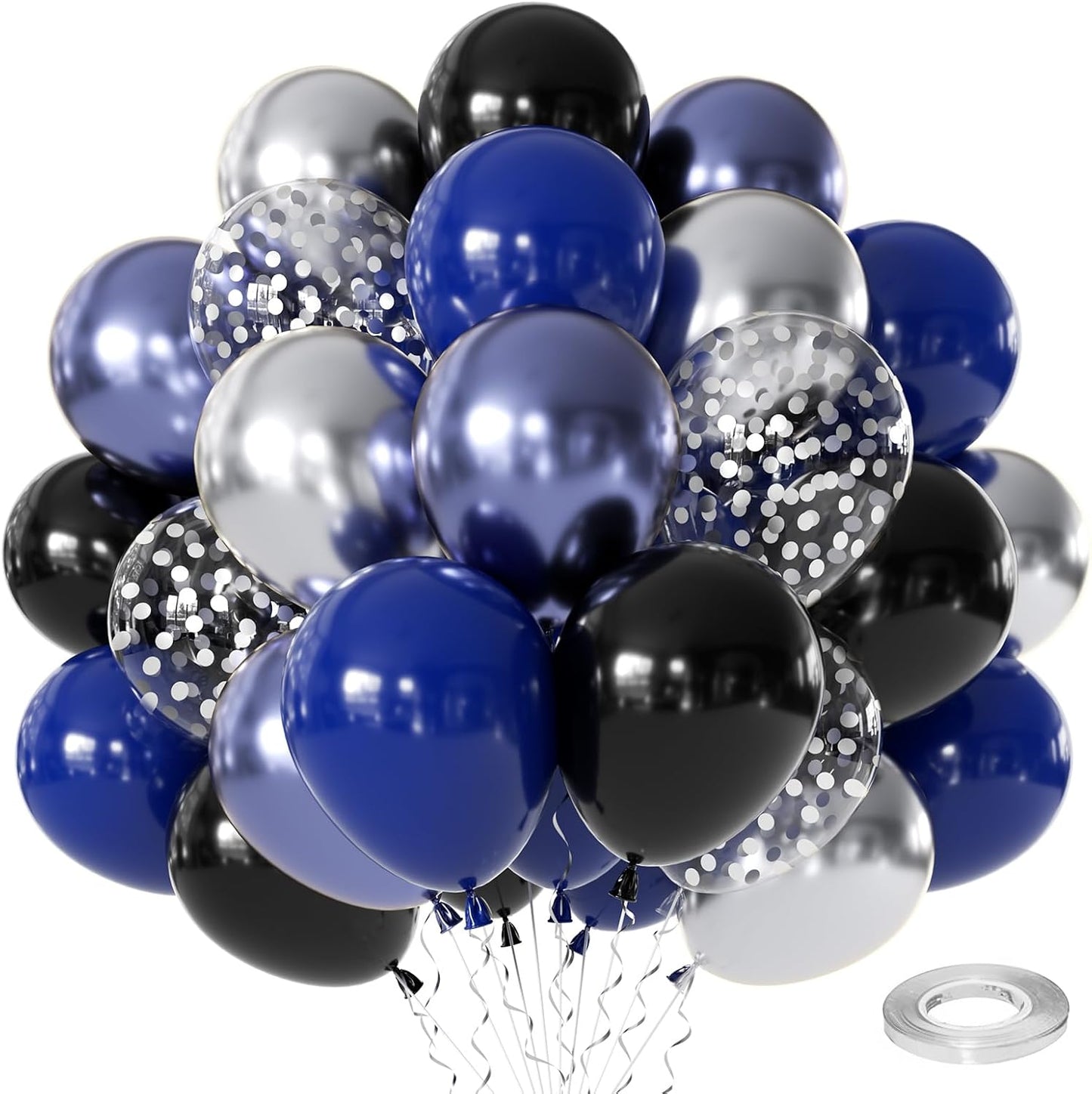 Navy Blue Silver Black Balloons, 60pcs 12 inch Dark Blue and Silver Metallic Balloons Blue Silver Confetti Party Balloons for Graduation Father's Day Birthday Party Decorations