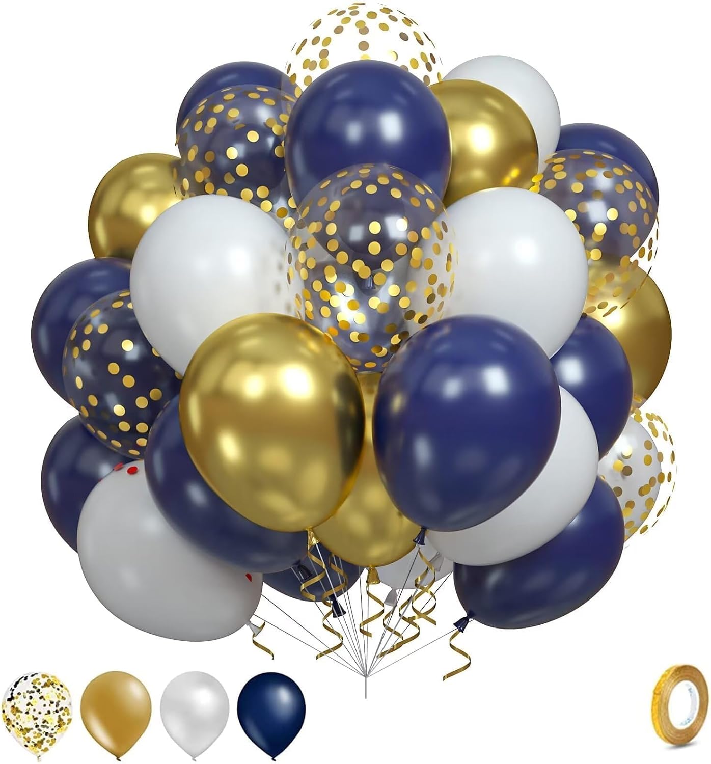 Navy Blue and Gold Balloons, 60pcs 12 Inch Navy Blue Pearl White Balloon Set with Metallic Chrome Gold Confetti Balloon Latex Helium Party Balloons for Boys Men Birthday Wedding Graduation Decorations