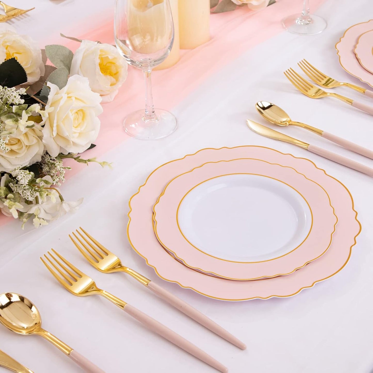Rubtlamp 90Pcs Gold Plastic Silverware, Thanksgiving Gold Utensils Set With Pink Handles Include 30 Gold Knives, 60Plastic Forks and Spoons, Pink Silverware Heavy Duty For Thanksgiving