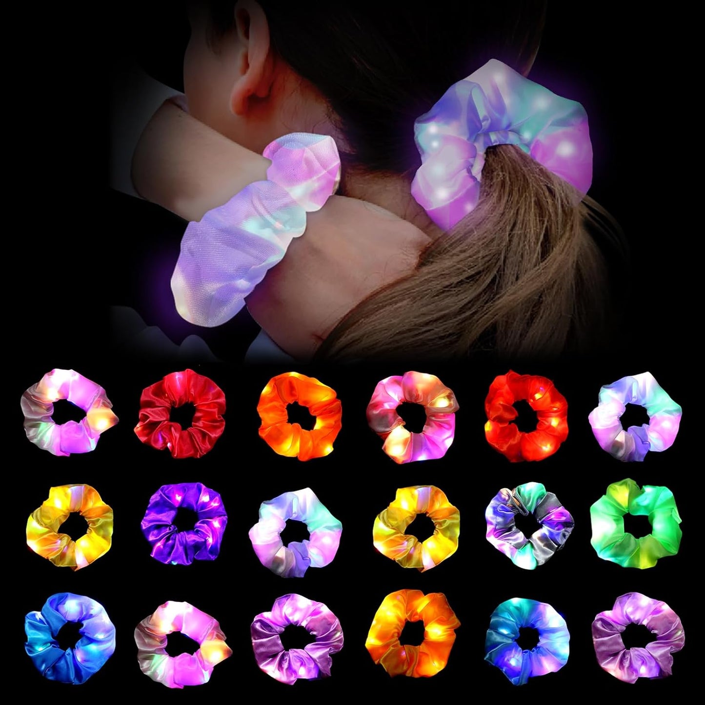 18Pcs Light Up Scrunchies, LED Hair Scrunchies for Women Girls Neon Colorful Hair Tie 3 Light Modes Glow in the Dark Hair Accessories for Rave Slumber Birthday Halloween Christmas Light Up Party Favor