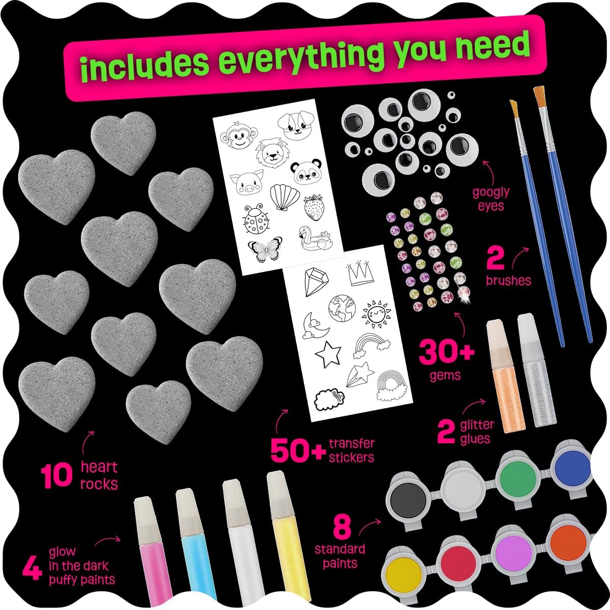 Hearts Rock Painting Kit for Kids Girls - Glow in Dark Art Supplies Ages 4-12 - Complete STEM Craft Set with Puffy Paint Stickers Gems Paints - Educational Birthday Christmas Gifts Art Toys for Girl
