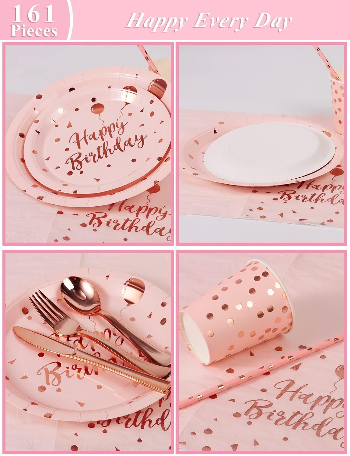 Birthday Party Tableware, 161 Pieces Pink and Rosegold Party Supplies, Party Dinnerware Sets Include Paper Plates Napkins Cups Silverware, for Shower Engagement Parties Decoration -20 Serves