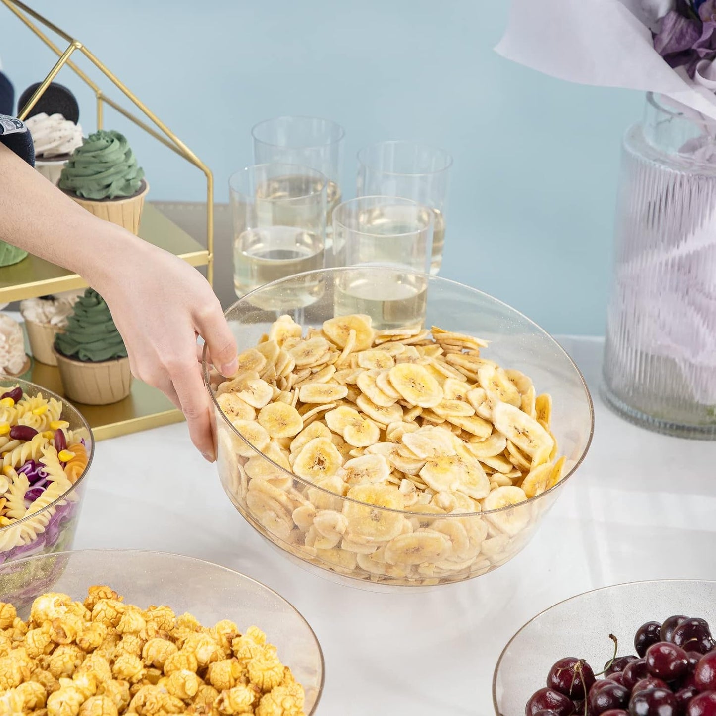 Hioasis 8 Pack Plastic Serving Bowls 128oz Gold Glitter Plastic Bowls Heavy Duty Disposable Serving Bowls for Party Snack & Salad & Candy & Bar Buffet