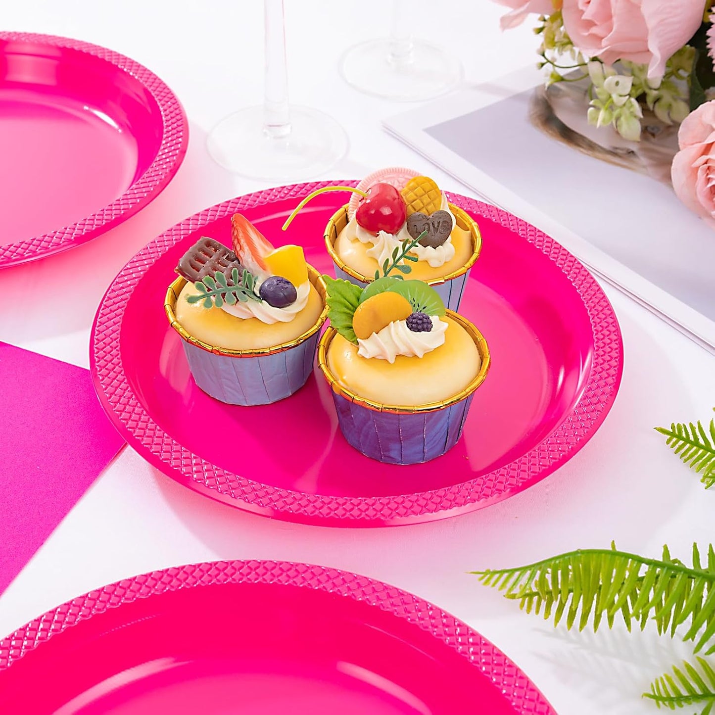 WELLIFE Hot Pink Party Plates 7 Inch -150 Count, Plastic Disposable Dessert Plates for Party Valentine's Day Cake Appetizers Salad Baby Shower Wedding