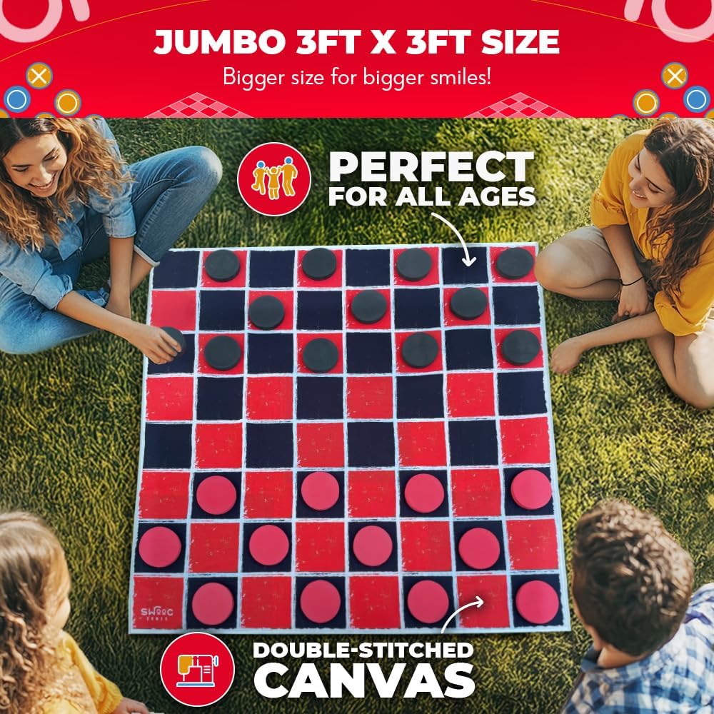 Swooc Games® - 2-in-1 Vintage Giant Checkers & Tic Tac Toe Game W/Mat (3ft x 3ft) - 100% Machine-Washable Canvas - Giant Outdoor Games for Kids - Yard Game for Kids - Jumbo Lawn Set - Large Checkers