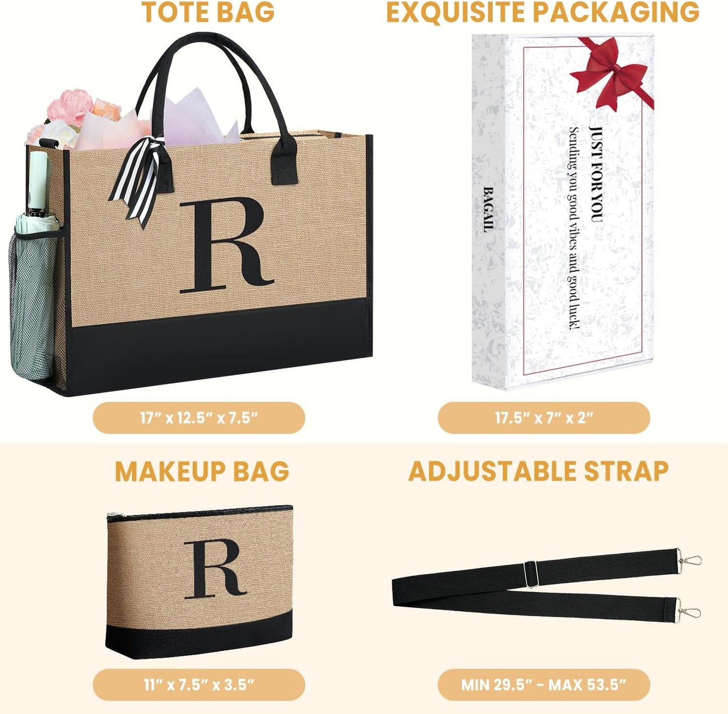 BAGAIL Initial Tote Bag, Personalized Birthday Gifts for Women, Teacher, Friends, Mom, Wedding, Monogrammed Beach Bag