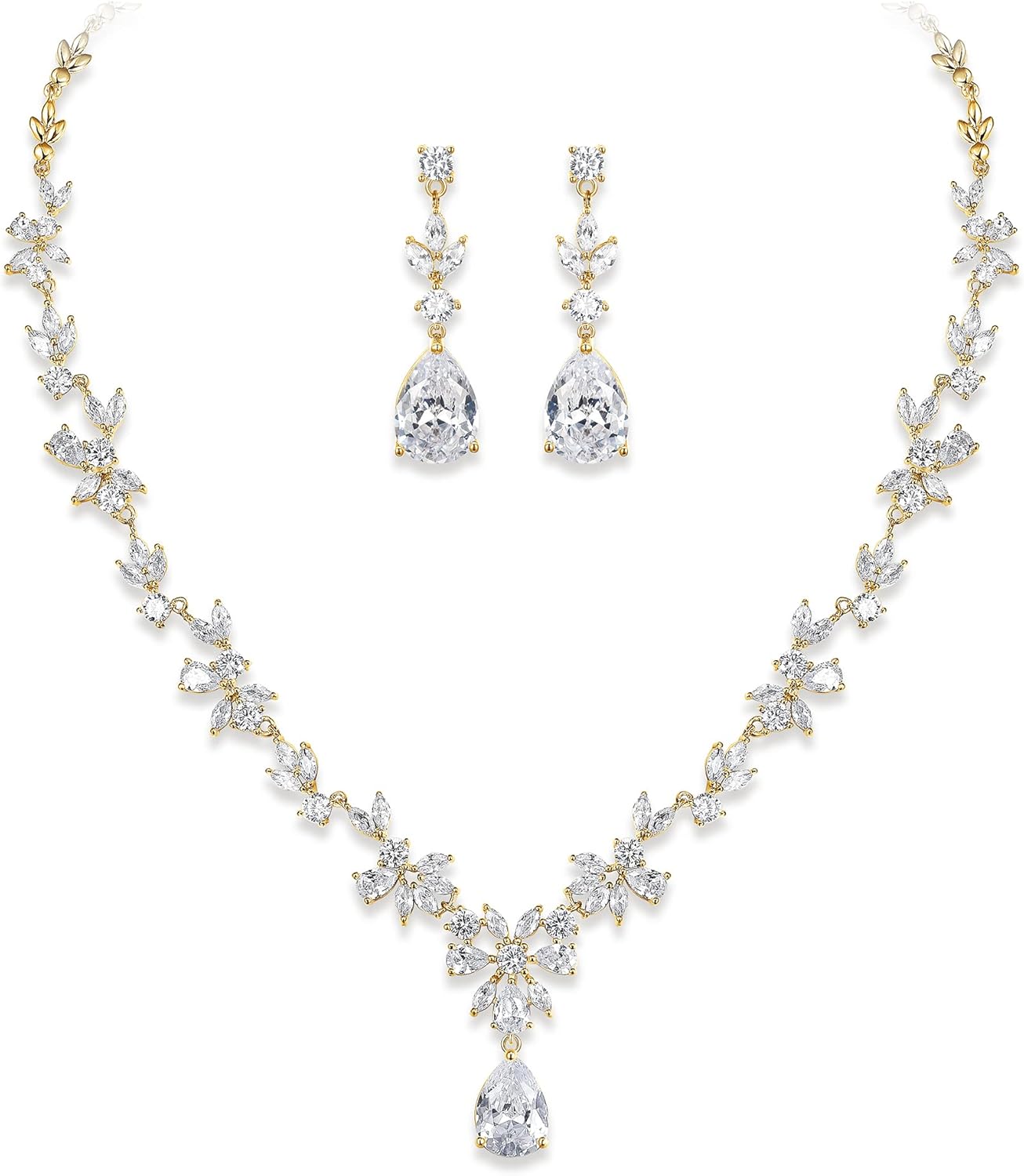 Crysdue Wedding Jewelry Set for Women, Floral Leaf Vine Teardrop Necklace Dangle Earrings Bracelet and Hair Comb, Cubic Zirconia Elegant Party Prom Jewellery for Bridal Bridesmaid