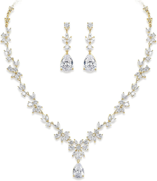 Crysdue Wedding Jewelry Set for Women, Floral Leaf Vine Teardrop Necklace Dangle Earrings Bracelet and Hair Comb, Cubic Zirconia Elegant Party Prom Jewellery for Bridal Bridesmaid