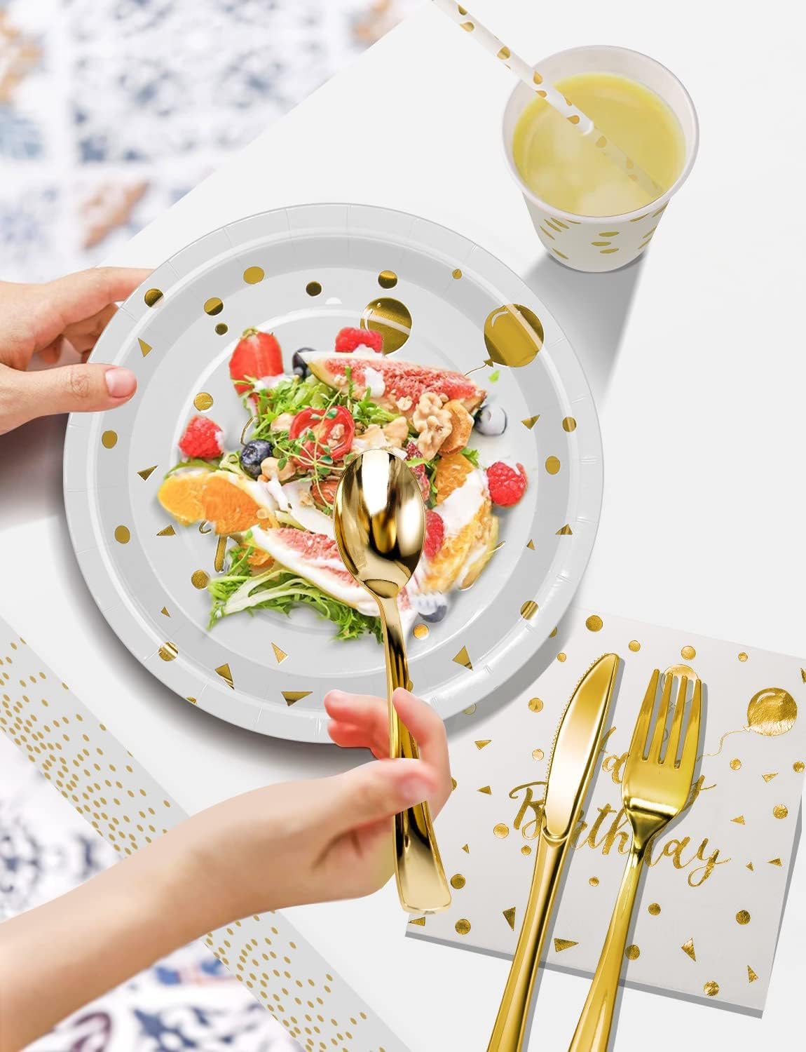 Birthday Party Tableware, 161 Pieces White Gold Party Supplies, Party Dinnerware Sets Include Paper Plates Napkins Cups Silverware, for Shower Engagement Parties Decoration -20 Serves