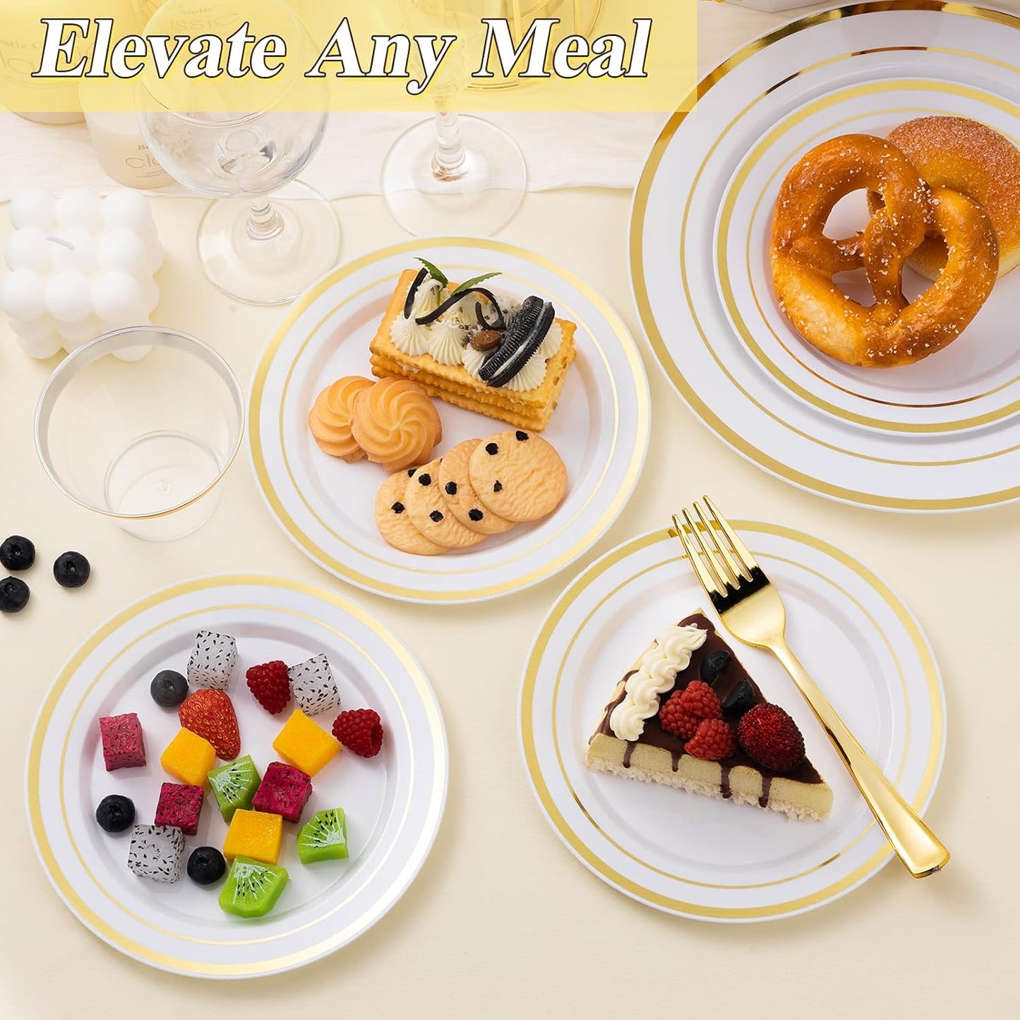 100PCS White Plastic Plates Set with Gold Rim, 50 10.25 inch Heavy Duty Dinner Plate and 50 7.5 inch Dessert Appetizer Plates, Premium Disposable Plates for Party, Wedding, Birthday