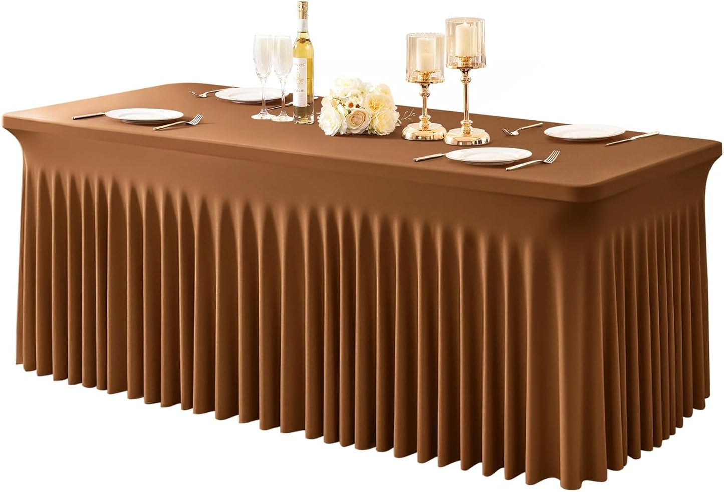 1 Pack Brown Table Clothes for 8 Foot Rectangle Tables, One-Piece Wrinkle Resistant Stretch Spandex Table Covers with Skirt for Event Banquet Wedding Birthday Party