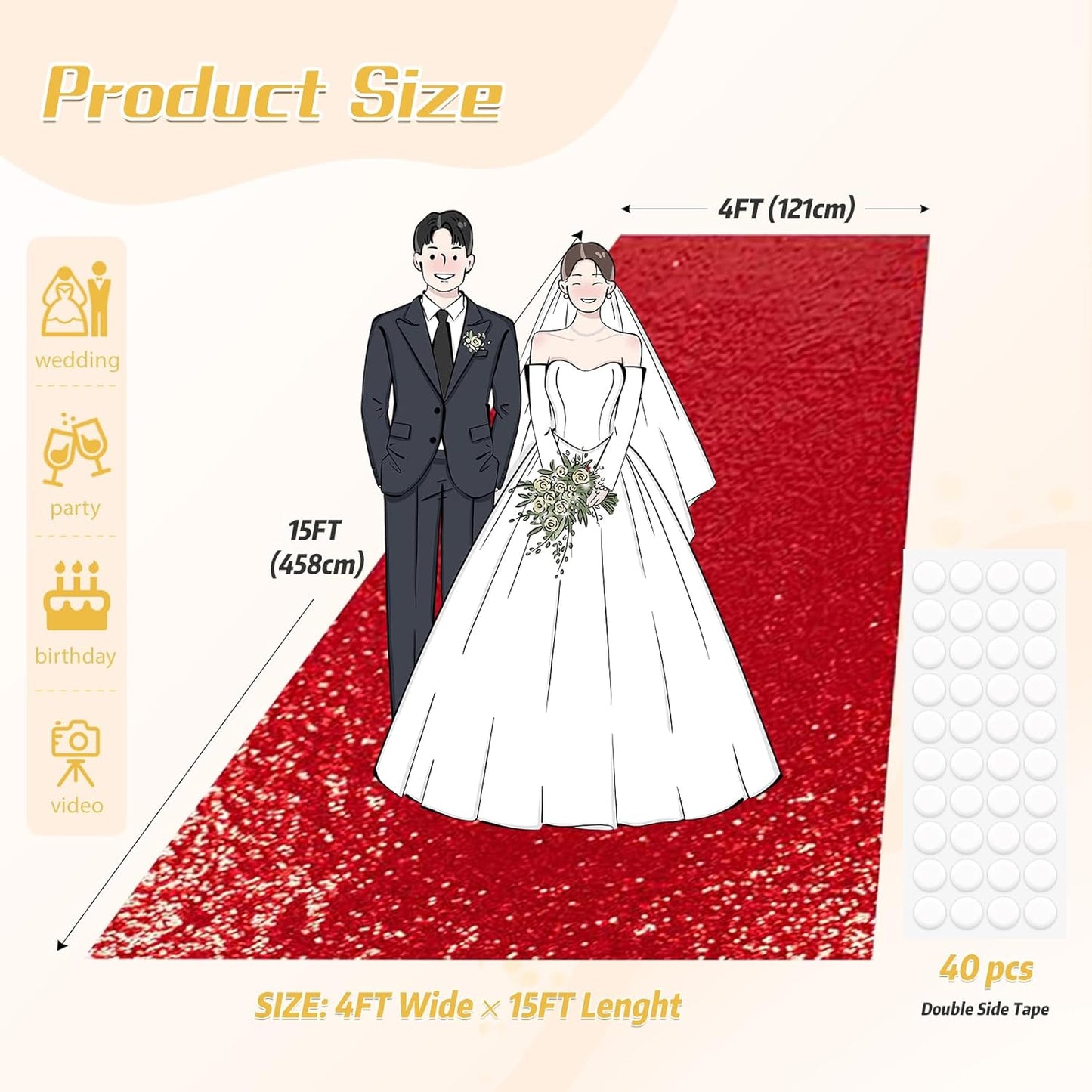 PartyDelight Wedding Aisle Runner for Ceremony Red 4FTx15FT Sequin Carpet Sparkly Rug for Indoor Outdoor Weddings Engagement Decoration