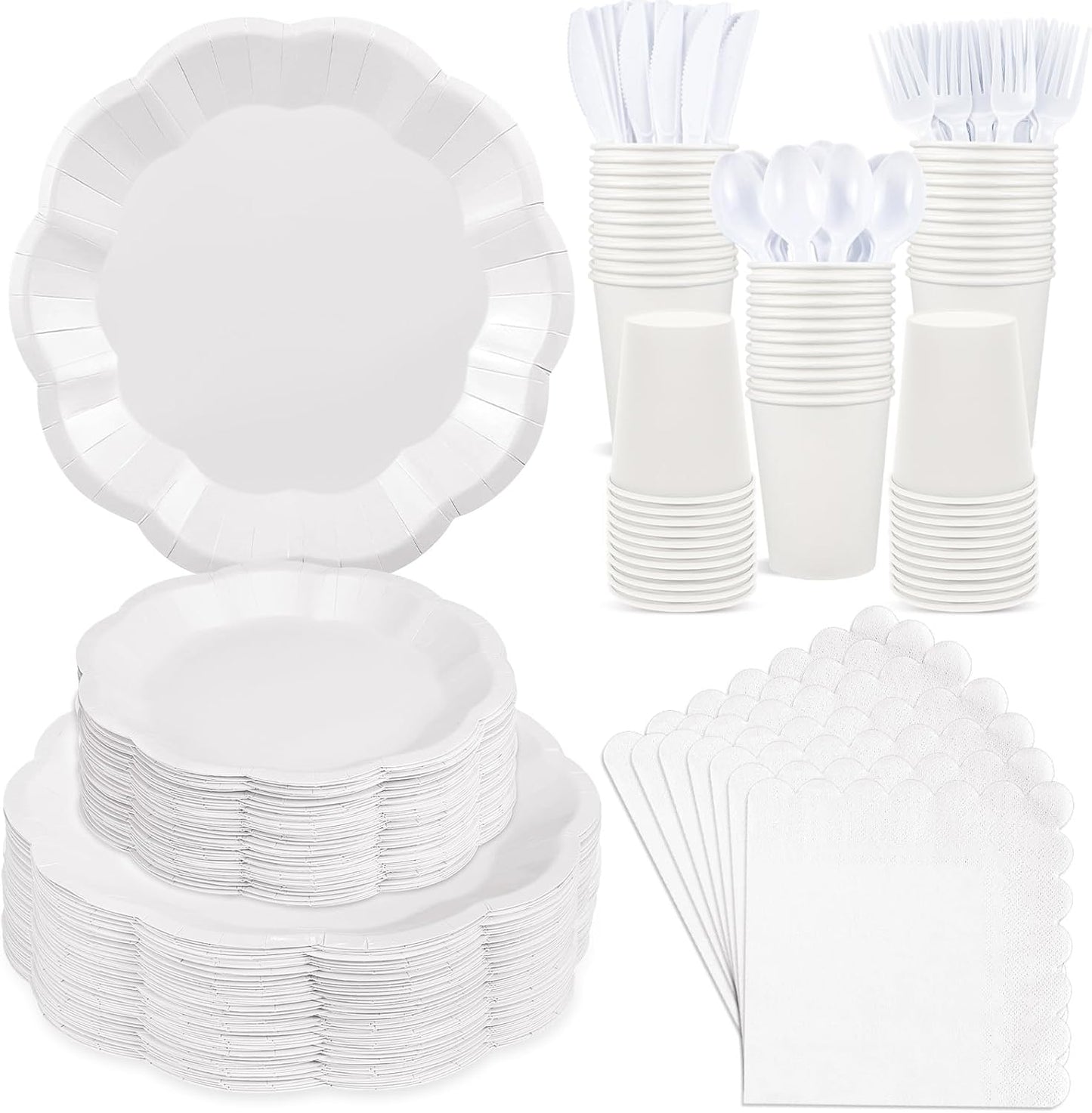 350 Pcs White Party Supplies Include Scalloped Plate Napkin Cup Forks Knives, Plastic Cutlery 50 Guest Disposable Parties Tableware Set for Wedding Baby Shower Bridal Shower Birthday Party