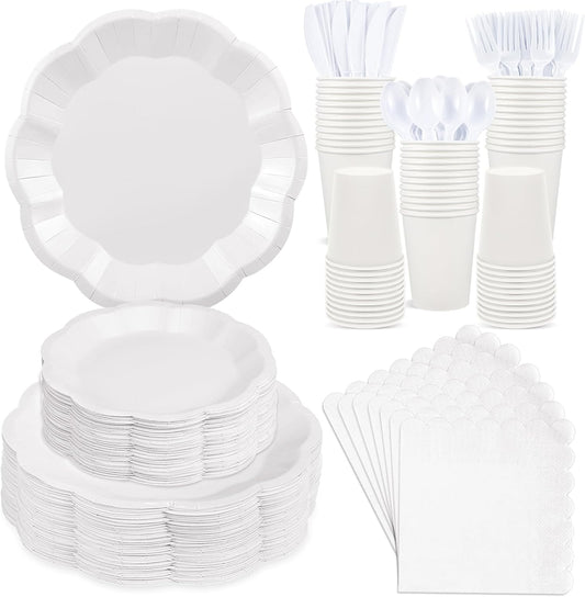 350 Pcs White Party Supplies Include Scalloped Plate Napkin Cup Forks Knives, Plastic Cutlery 50 Guest Disposable Parties Tableware Set for Wedding Baby Shower Bridal Shower Birthday Party