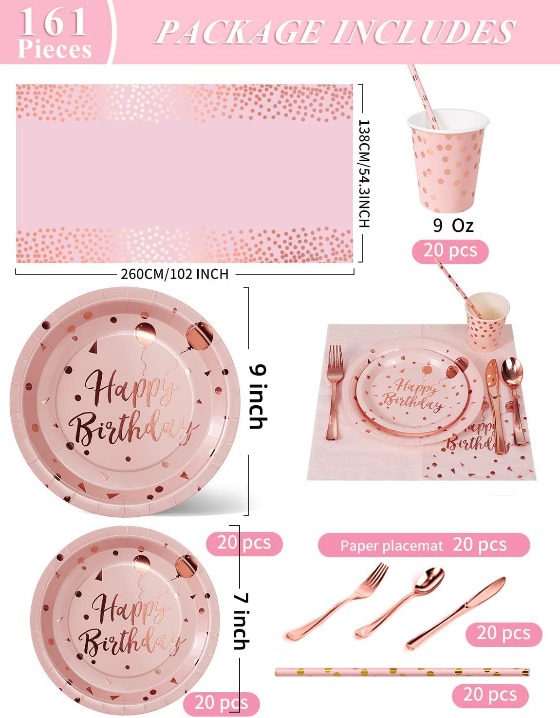 Birthday Party Tableware, 161 Pieces Pink and Rosegold Party Supplies, Party Dinnerware Sets Include Paper Plates Napkins Cups Silverware, for Shower Engagement Parties Decoration -20 Serves