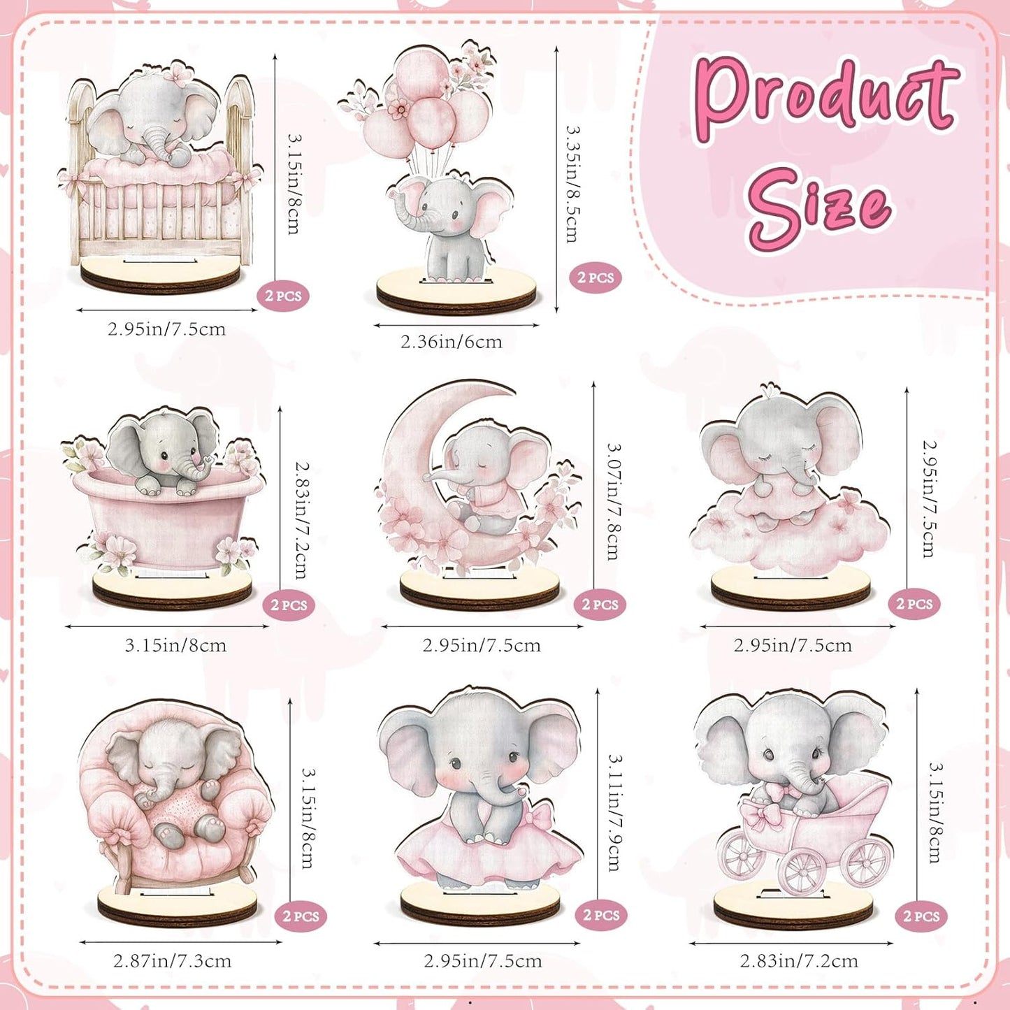 16 Pcs Wooden Baby Shower Table Centerpiece Pink Elephant Tabletop Detachable Sign It's A Girl Gender Reveal Table Toppers Display Decoration Elephant Birthday Photo Props Party Favor Supplies