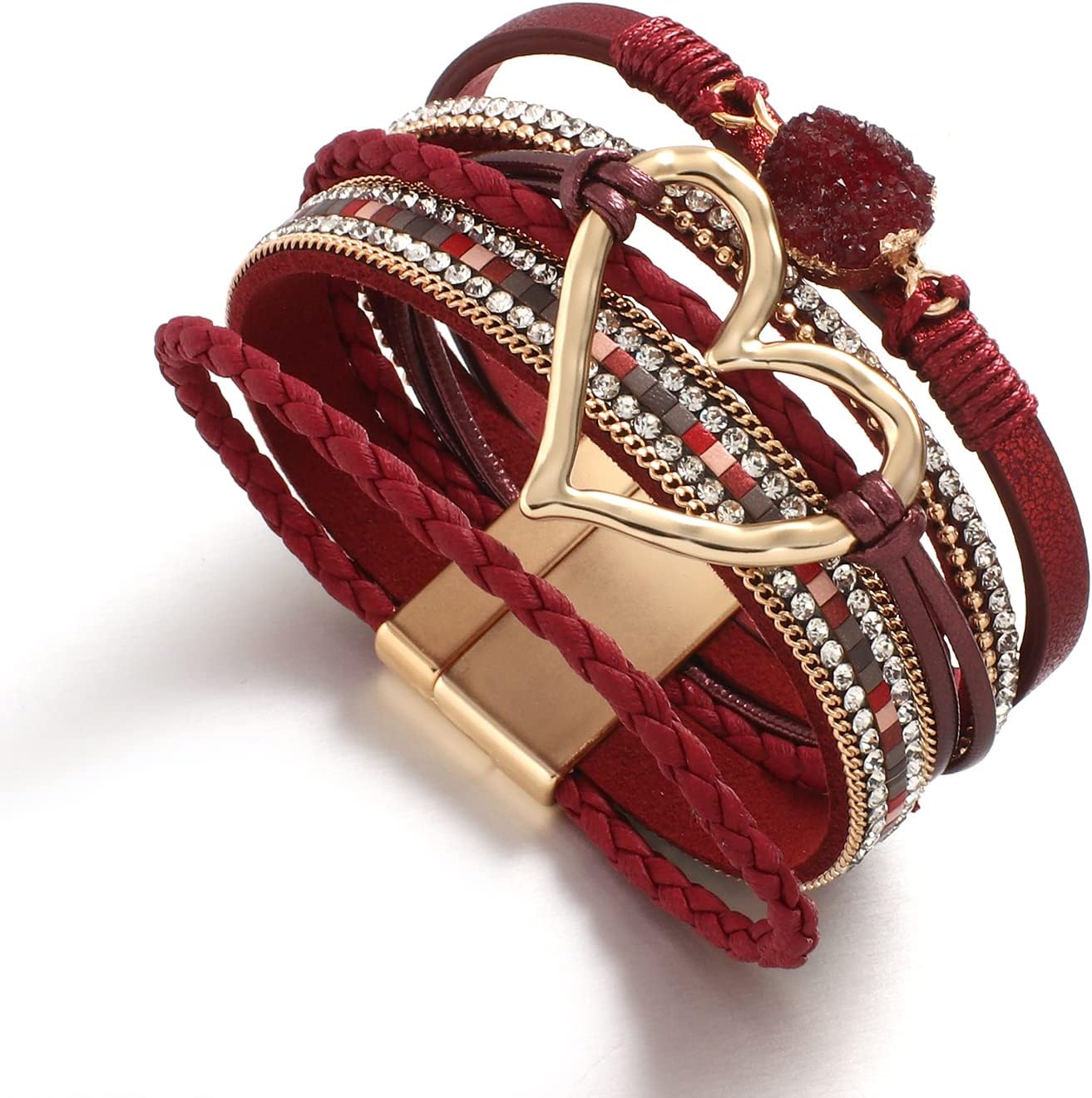 Leather Wrap Bracelet for Women Beaded Cuff Bracelet with Heart-shape Decor Bohemian Crystal Bracelet Jewelry with Clasp Bangle Bracelet for Women Girls Birthday Holiday Gift