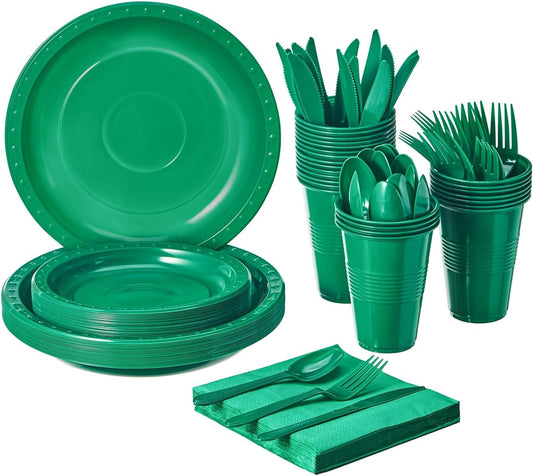 FULING 175 PCS Green Party Supplies Disposable Dinnerware Set Plastic Plates and Paper Napkins Cups Silverware Serve 25 Sets for Birthday Bridal Shower Wedding Engagement Christmas Parties