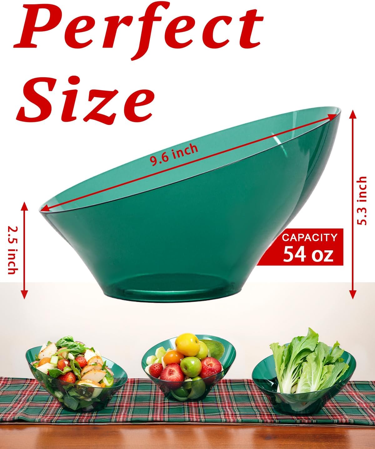 bUCLA 12 Pack Clear Green Plastic Serving Bowls - 54 OZ Christmas Angled Serving Bowls Disposable for Chip, Candy, Salad & Fruit - Ideal for X’mas Party