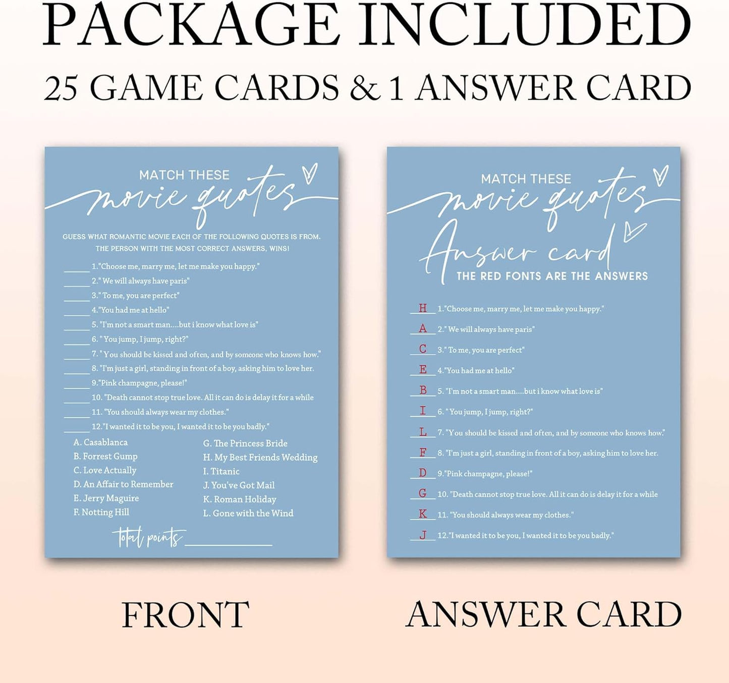 Bridal Shower Games Cards, Match These Movie Quotes, 25 Game Cards with 1 Answer Card, Engagement Party Wedding Games for Guests, Minimalist Blue Wedding Party Supplies - B09