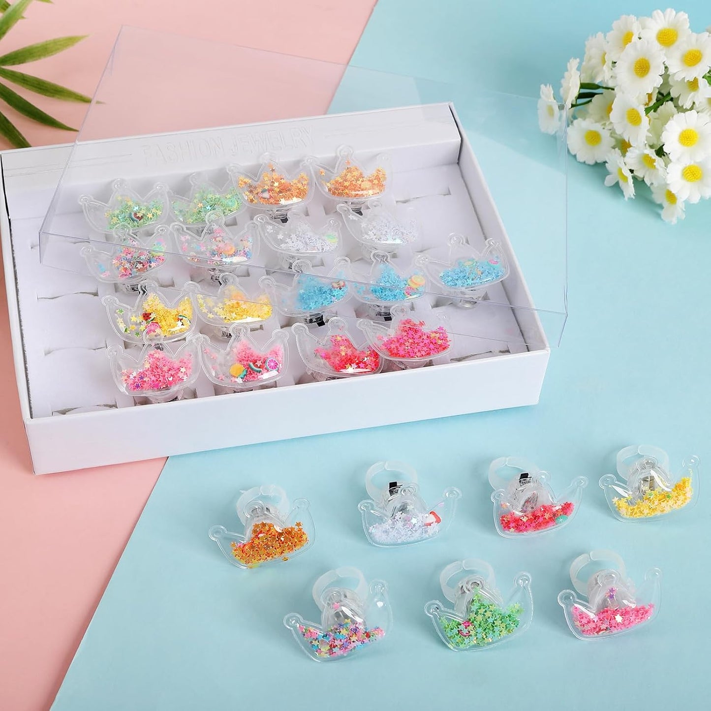 TUWUNA Princess Party Favors 24 Pcs Glitter Crown LED Light Up Rings Glowing Finger Rings Toys for Princess Birthday Party Supplies Classroom Prizes Pinata Goodie Bag Stuffers Gifts