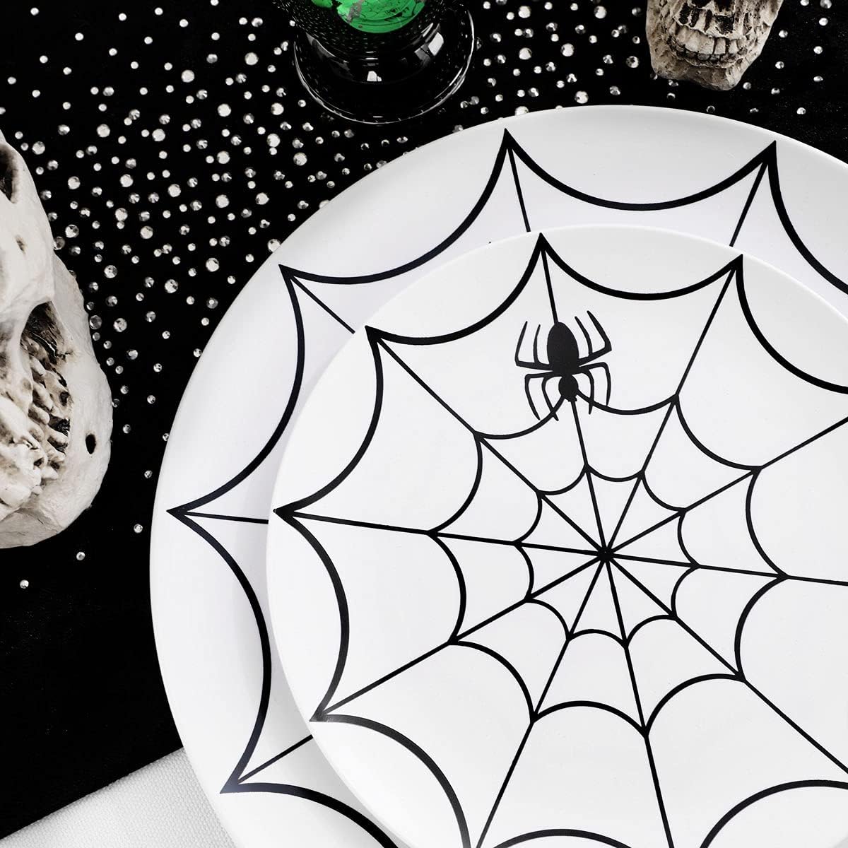WDF 60Pieces Halloween Plates Disposable Plastic - White and Black with Cobwebs plates Dinnerware include 30PCS 10.25inch and 30PCS 7.5inch Plates for Halloween
