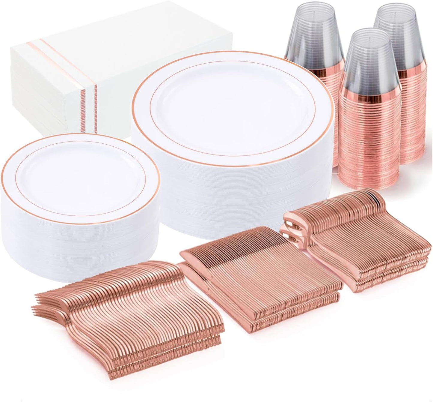 GATHER 350PCS Rose Gold Plastic Plates - Disposable Rose Gold Dinnerware Sets Includes 100 Gold Rimmed Plastic Plates, 150 Silverware, 50 Napkins, 50 Cups for Party, Wedding