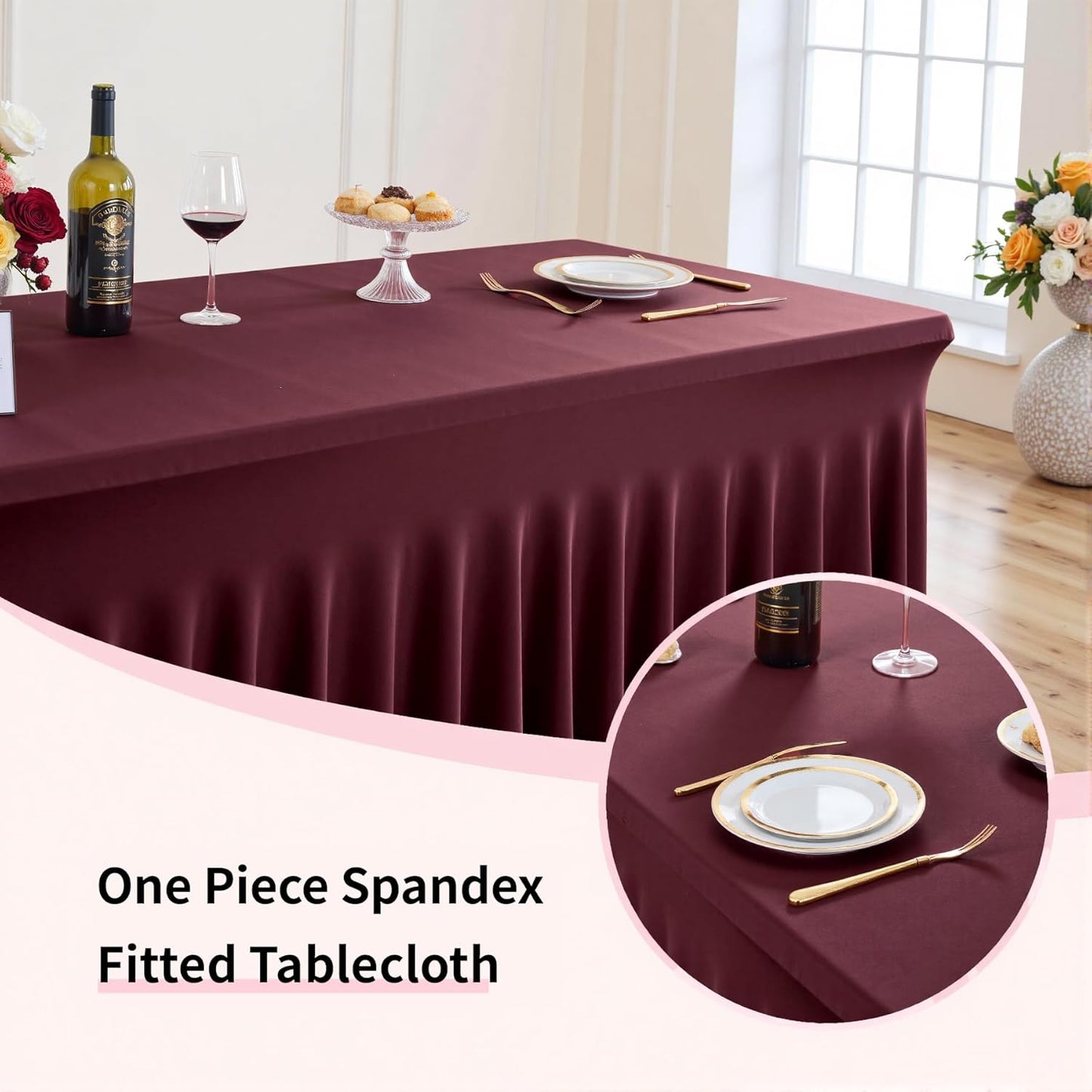 Outpain 6ft Spandex Table Cloth for Standard Folding Tables-6Pack Burgundy Table Cloth Table Protector for Party, Wedding, Cocktail, Banquet, Festival