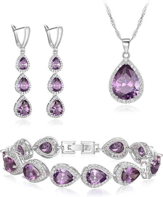 EleQueen Water Drop Pendant Necklace Long Dangle Earrings Tennis Bracelet Set, Sparkle Cubic Zirconia Teardrop Wedding Jewelry Sets for Bride Bridesmaid