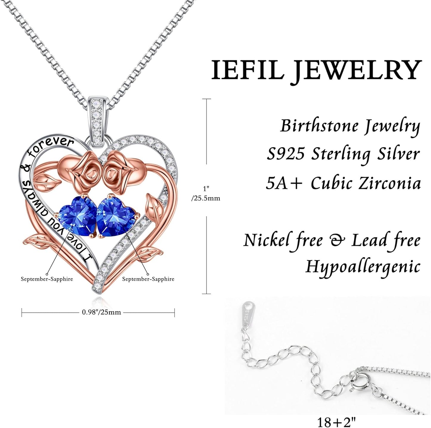 Iefil Rose Heart Double Birthstone Necklace Gifts for Wife Her Mom Women, Birthstone Jewelry Gemstone Birthday Gifts for Girlfriend Grandma Her Wife Women