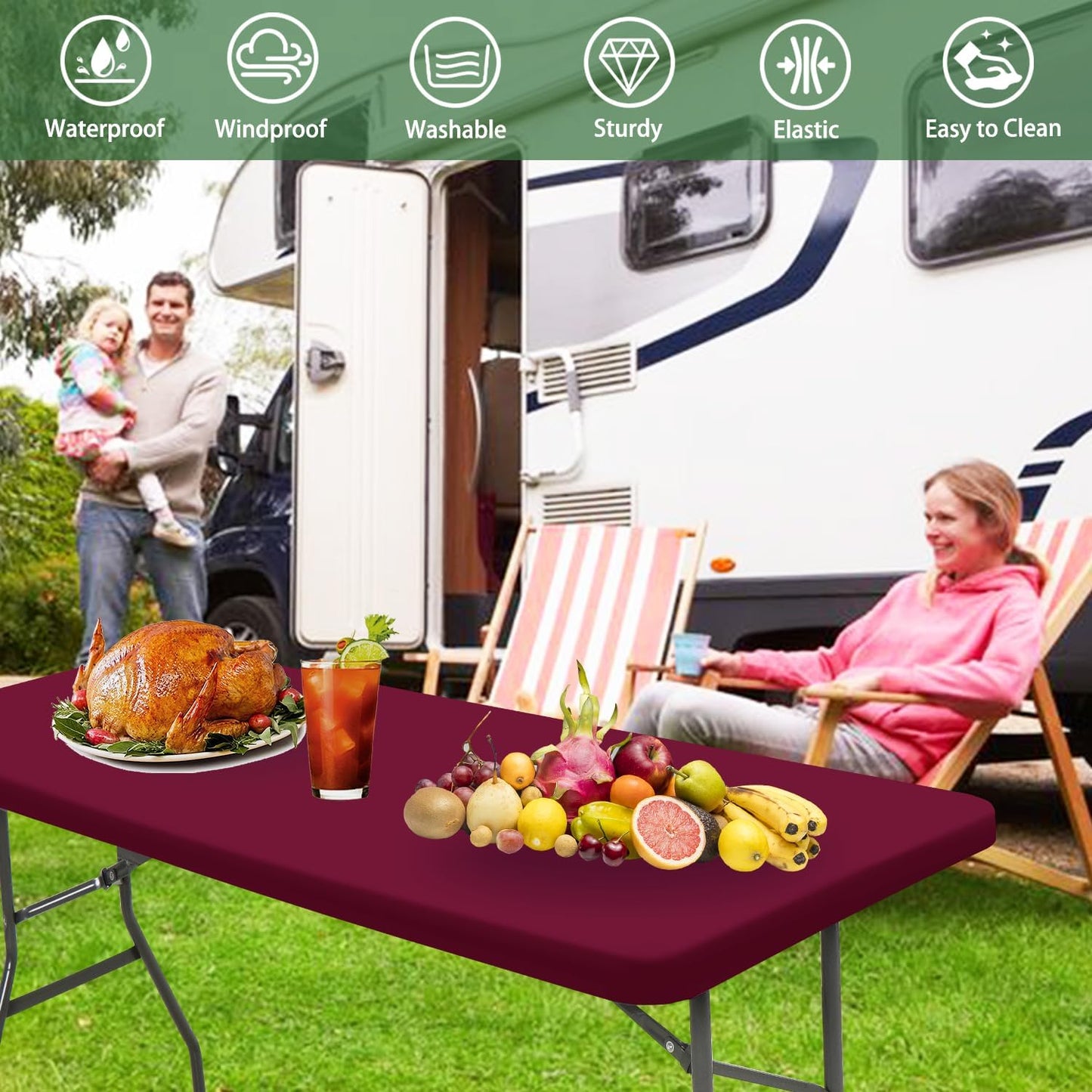 6 Foot Picnic Table Cover Fitted 10 Pack Elastic Tablecloth for Rectangle Tables Waterproof Stretch Washable Folding Indoor Outdoor Spandex Table Cloth for Parties Banquet Camping (Wine Red,30" x 72")
