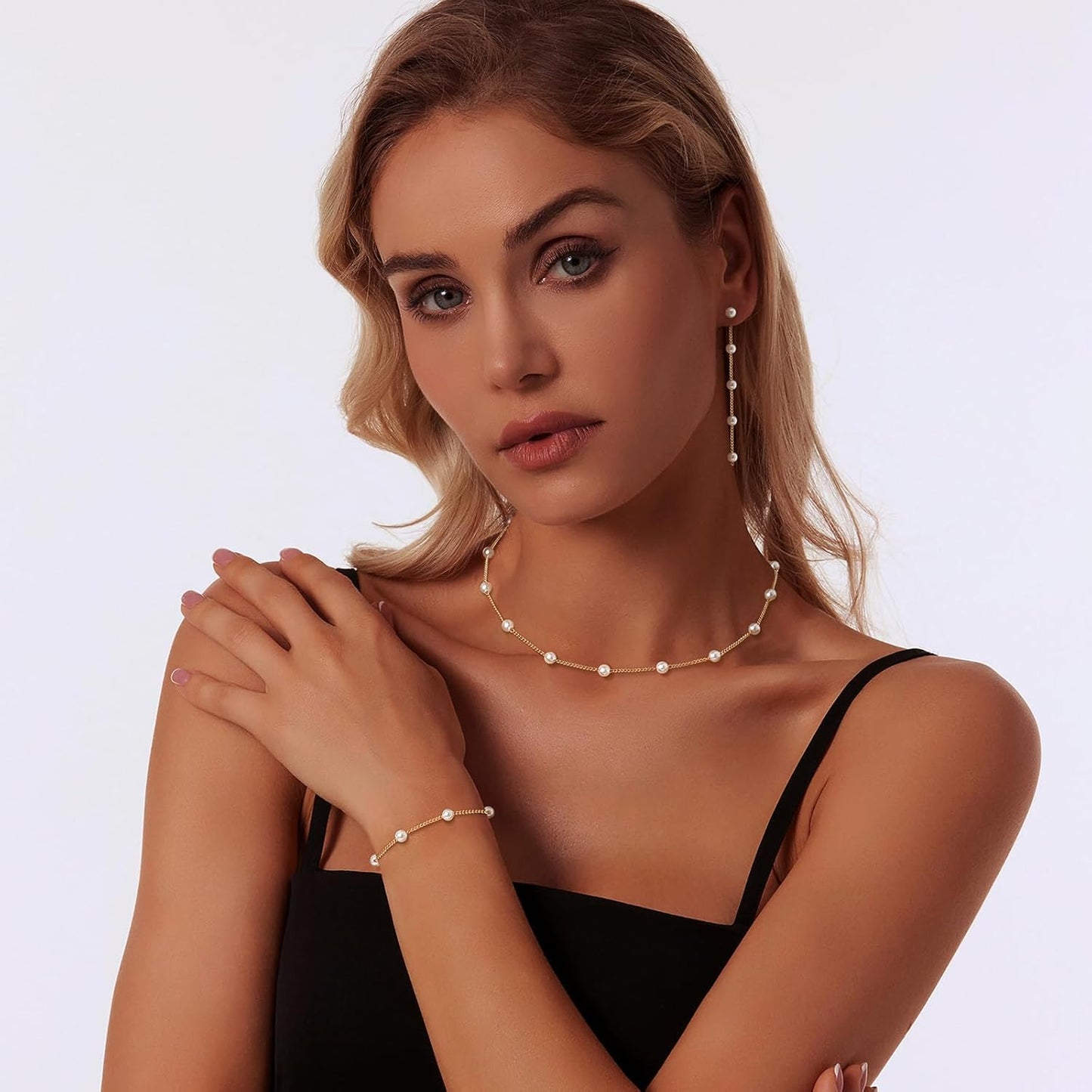 Gold Jewelry Set for Women - Dainty 14K Gold Plated Pearl Necklace and Earring Set with Drop Earrings, Bracelets, Choker Necklace - Wedding Jewelry Gift