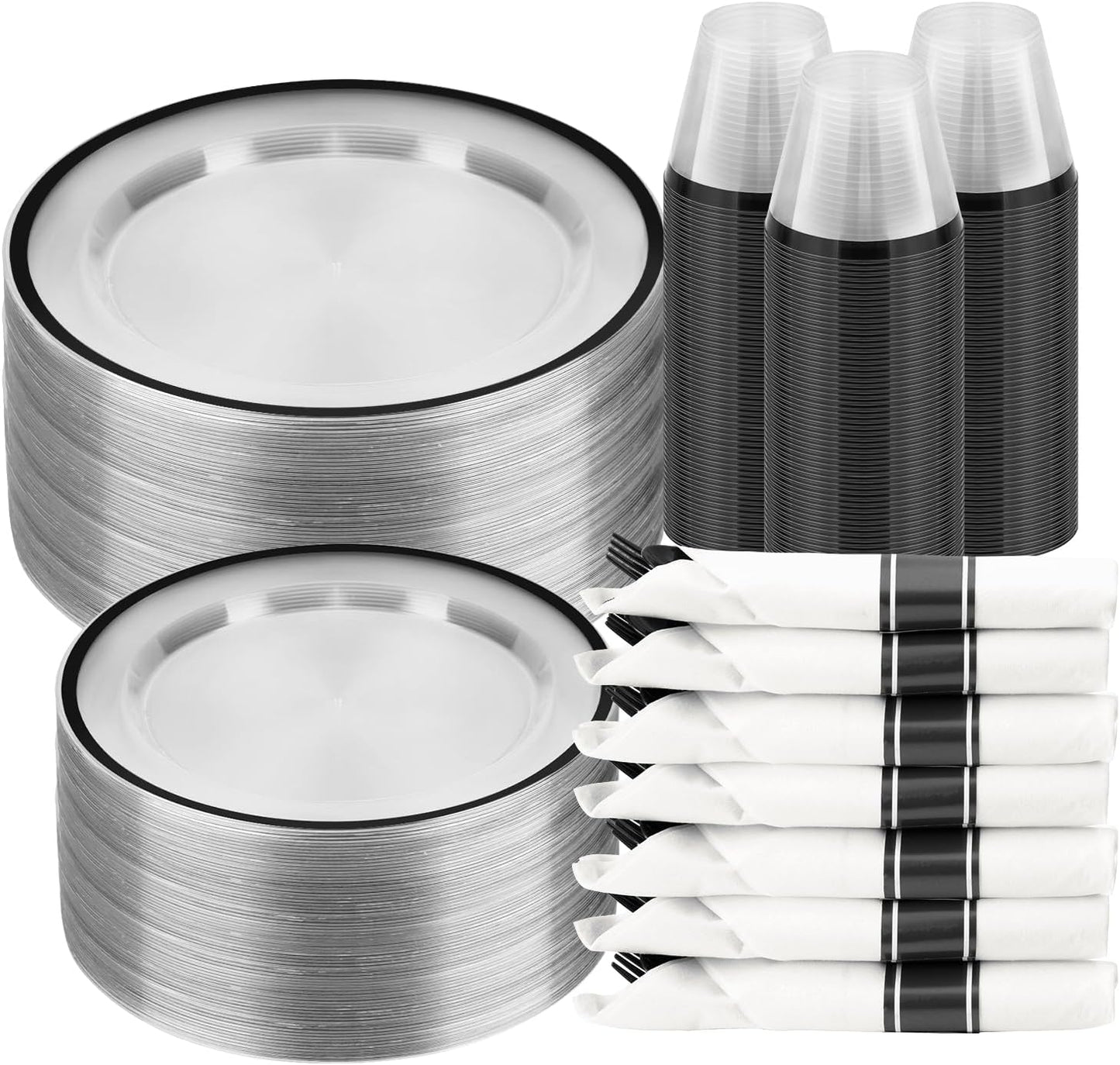 350PCS Clear and Black Disposable Plates Set for 50 Guests, 100 Plastic Plates, 50 Plastic Cups, 50 Pre-Rolled Napkins with Cutlery for Party, Thanksgiving, Birthday, Halloween, Christmas