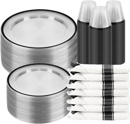 350PCS Clear and Black Disposable Plates Set for 50 Guests, 100 Plastic Plates, 50 Plastic Cups, 50 Pre-Rolled Napkins with Cutlery for Party, Thanksgiving, Birthday, Halloween, Christmas