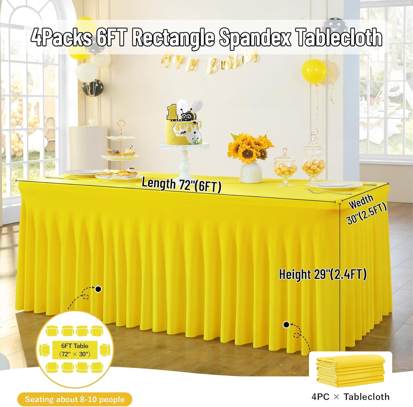 leegleri 4 Pack Yellow Spandex Table Clothes for 6 Foot Rectangle Tables, Wrinkle Free Fitted Table Cloth 6ft Stretch Tablecloths for Parties Weddings Birthday Banquet Baby Shower