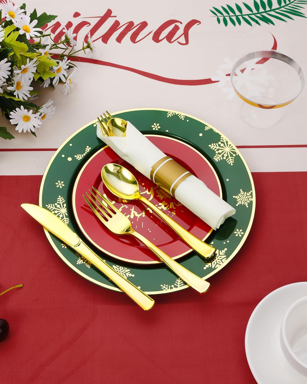 Goodluck 175 Piece Christmas Plates Sets for 25 Guests, Christmas Tableware Disposable for Party, Include 50Plates, 25Pack Pre Rolled Napkins with Silverware, 25Cups for Party, Wedding, Graduation