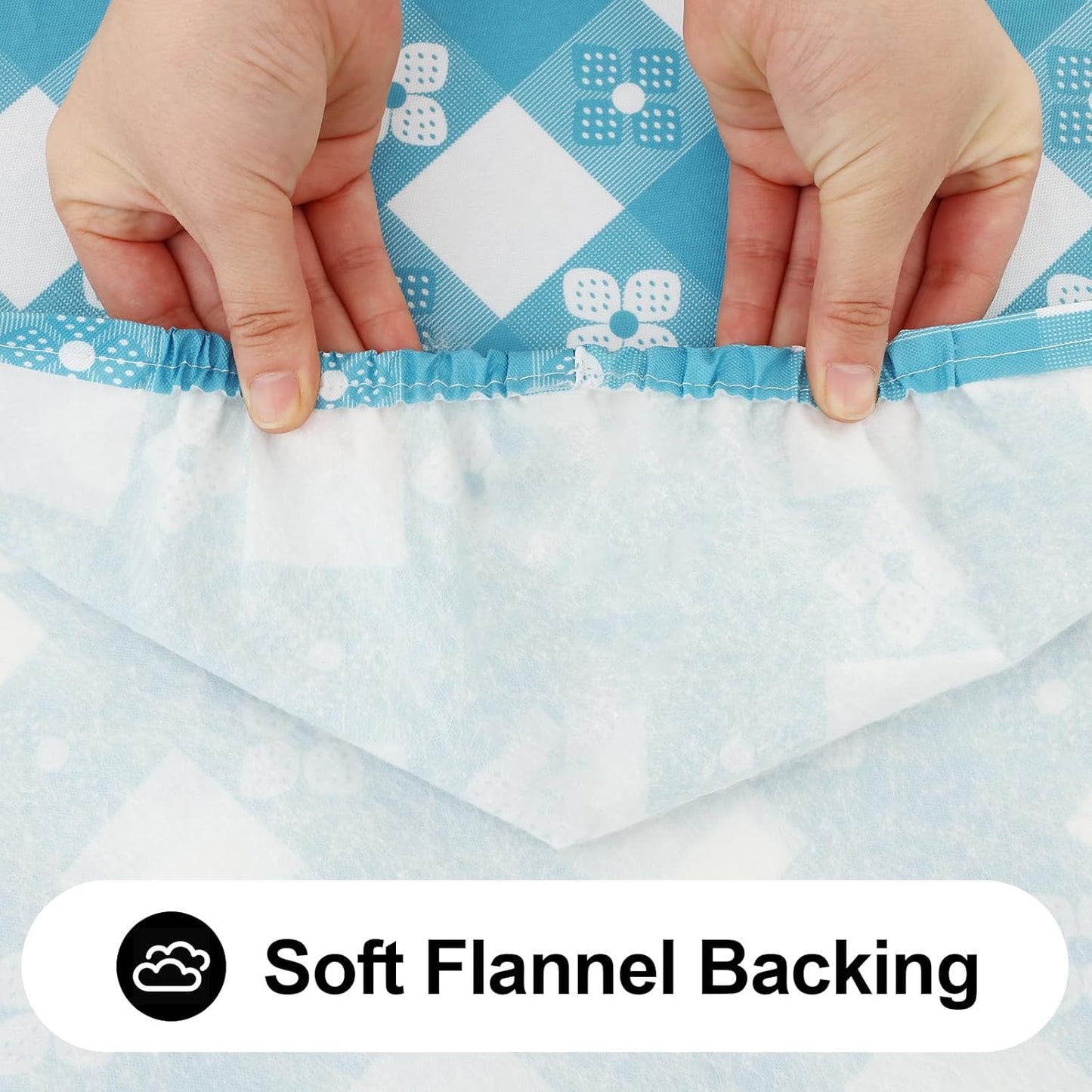 Rectangle Vinyl Table Cloth, Waterproof Elastic Fitted Tablecloth with Flannel Backing, Plastic Table Cover for Picnic, Camping, Outdoor (White & Aqua, 24"x48")