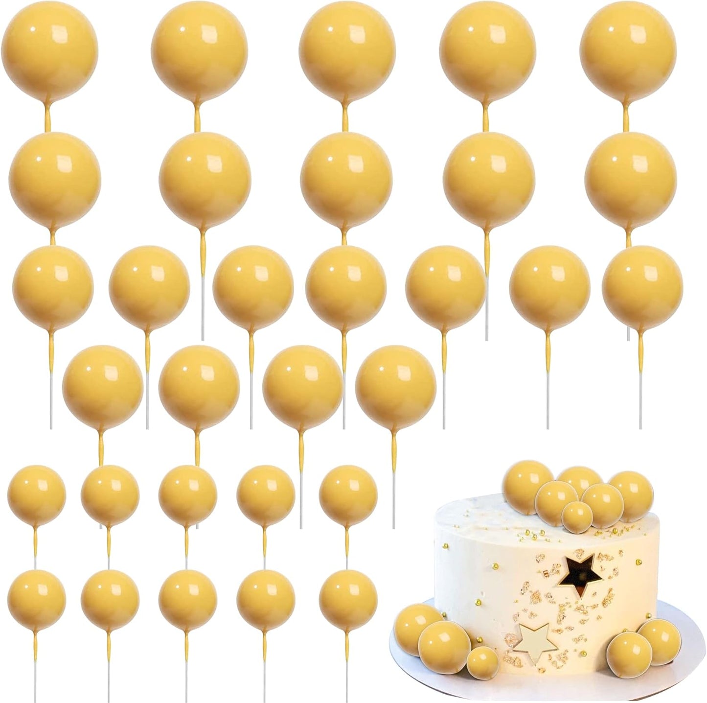 Rsstarxi 30 PCS Bubble Balls Cake Topper Foam Ball Cake Picks Mini Balloon Cupcake Insert DIY Decoration for Baby Shower Wedding Anniversary Kids Birthday Party Cake Decorations Yellow