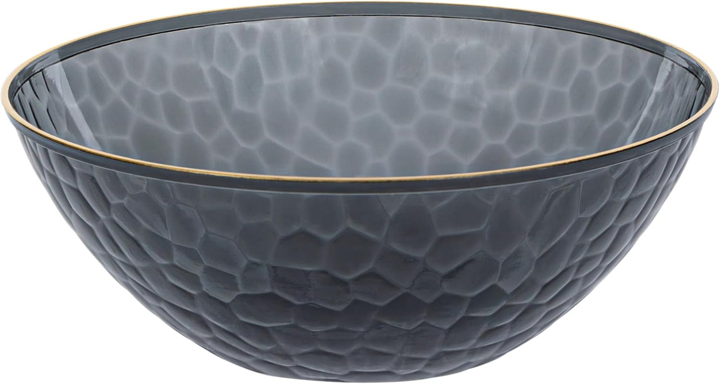 PLASTICPRO 30 Pack 12 Ounce Hammered Plastic Bowls Translucent Black with Gold Rim Heavyweight Disposable Plastic Soup Bowls Elegant Translucent Hammered Gold Rim Platsic Party Dishes