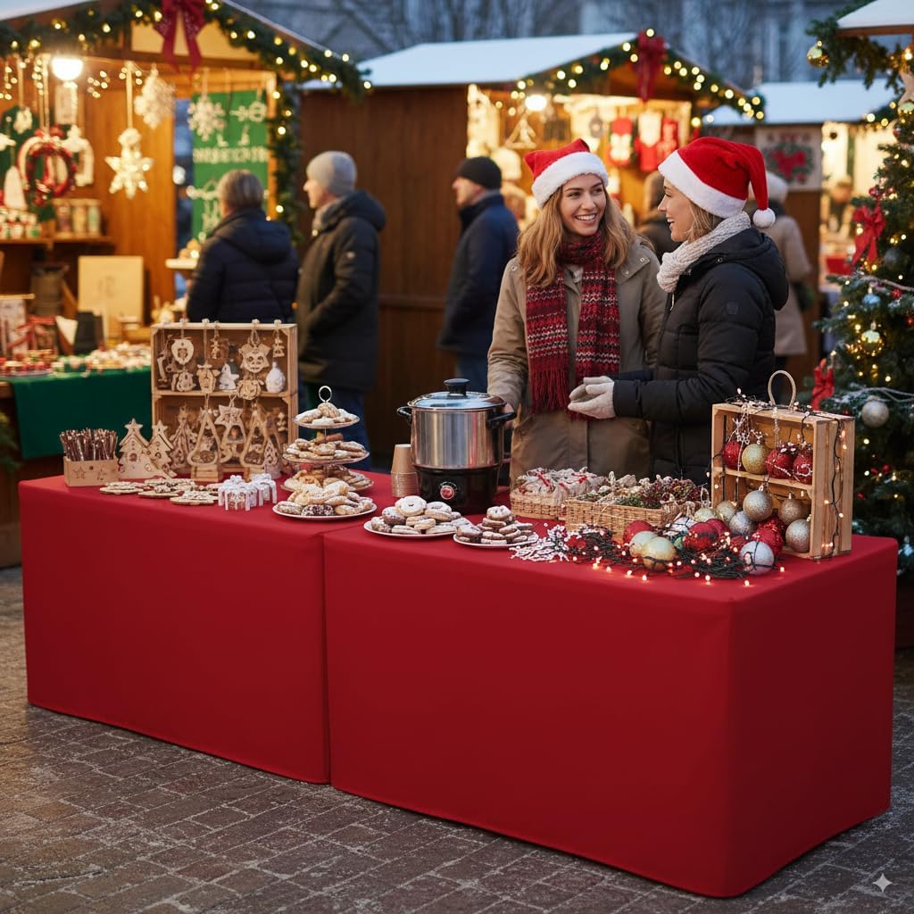 HolidayIdeas 2 Pack Red Fitted Tablecloth for 6ft Tables, 4-Sided Christmas Table Cover for Holiday Markets, Yard Parties, & Gift Tables, Wrinkle-Resistant Washable Xmas Decorations