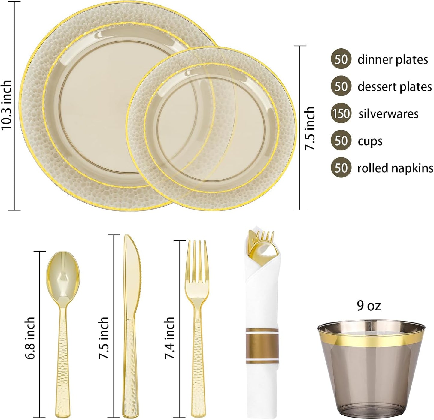 350PCS Clear Black Plastic Plates for 50 Guests, Disposable Dinnerware Set for Party and Graduation, Includes 100 Plastic Plates, 50 Pre Rolled Napkins with Gold Silverware, 50 Cups