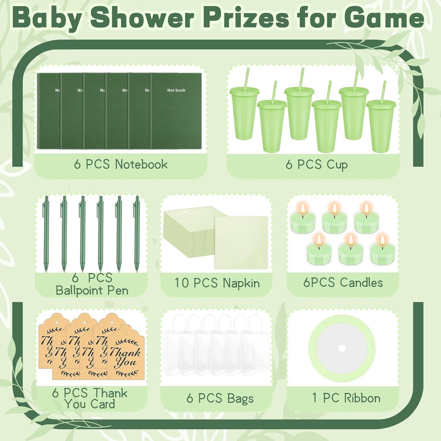 Denylo pro 43 Pcs Baby Shower Prizes for Game Winners 6 Sets Baby Shower Favors Gifts Include Cup Pen Card Napkin Notebook Candle Ribbon Plastic Bag
