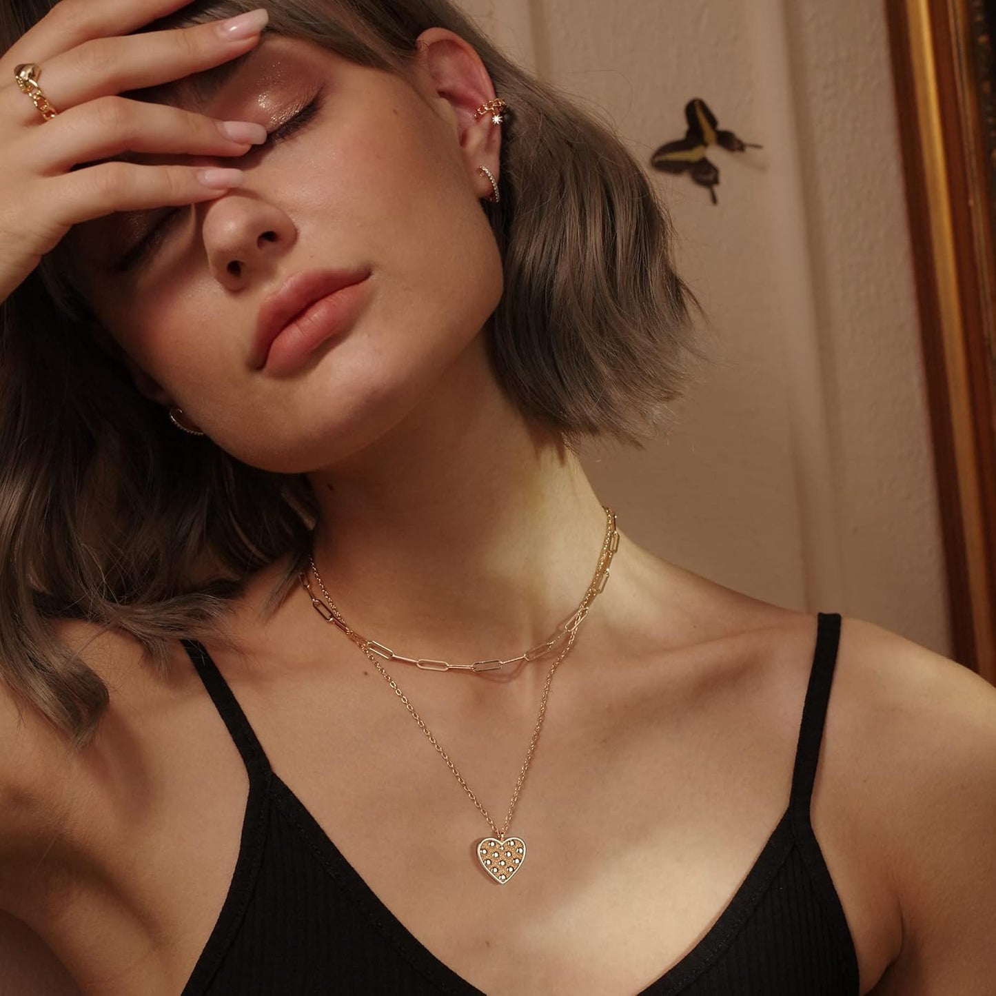 MEVECCO Layered Heart Necklace Pendant Handmade 18k Gold Plated Dainty Gold Choker Arrow Bar Layering Long Necklace for Women