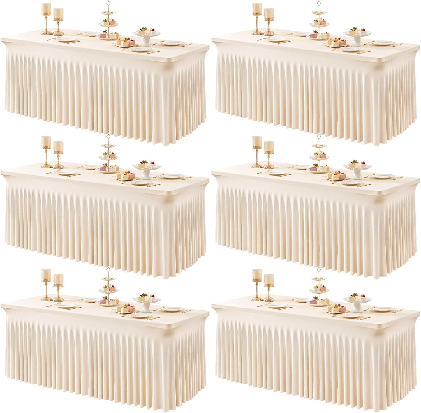 6 Packs Light Champagne Table Clothes for 8 Foot Rectangle Tables, One-Piece Wrinkle Resistant Stretch Spandex Table Covers with Skirt for Event Banquet Wedding Birthday Party
