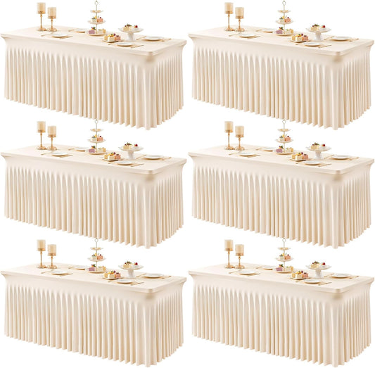 6 Packs Light Champagne Table Clothes for 8 Foot Rectangle Tables, One-Piece Wrinkle Resistant Stretch Spandex Table Covers with Skirt for Event Banquet Wedding Birthday Party